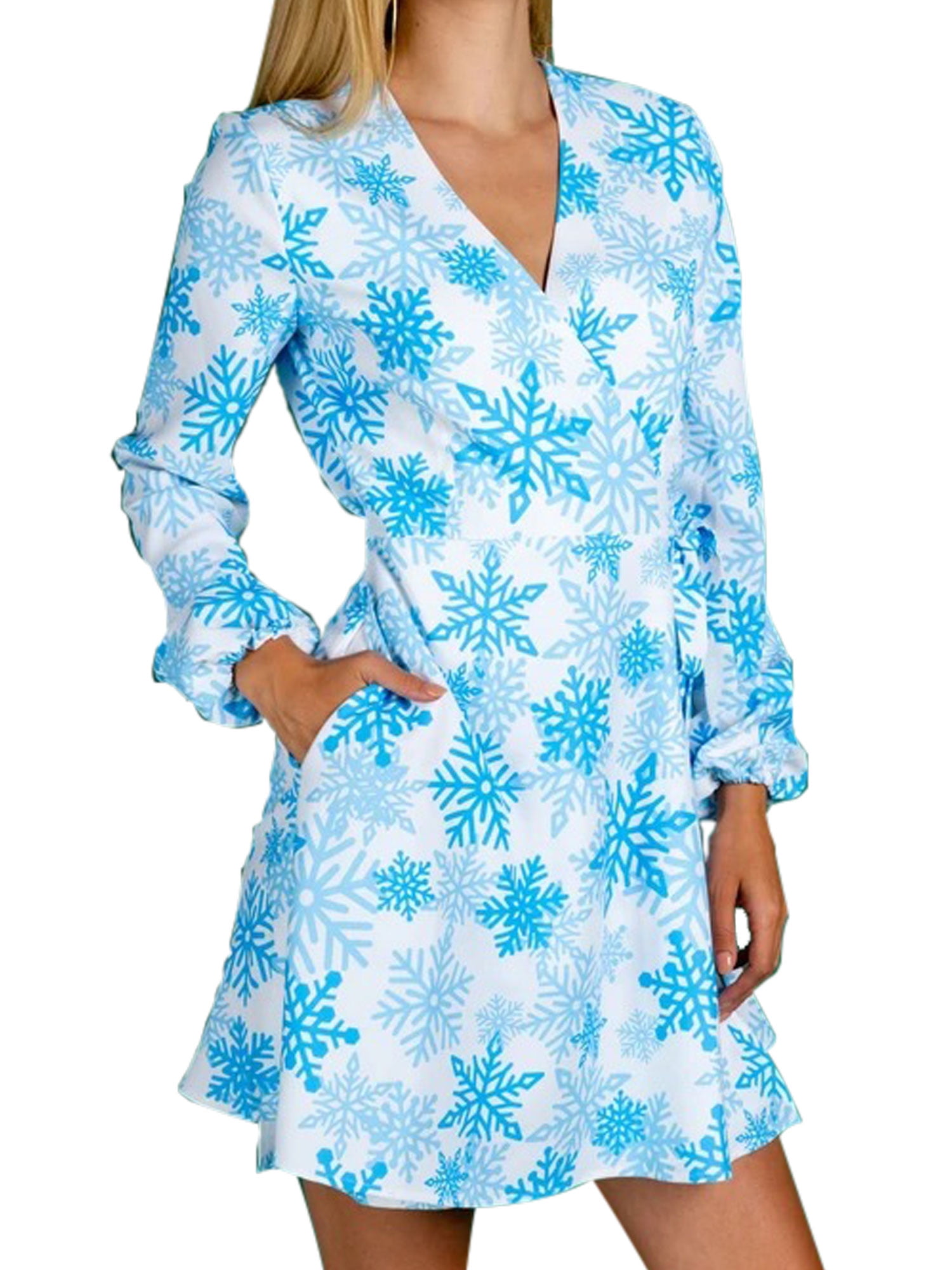 Women Puff Sleeve Swing Dress Trendy Lady V-Neck Floral Dress Elegant Wrap  Dress with Pockets - Walmart.com